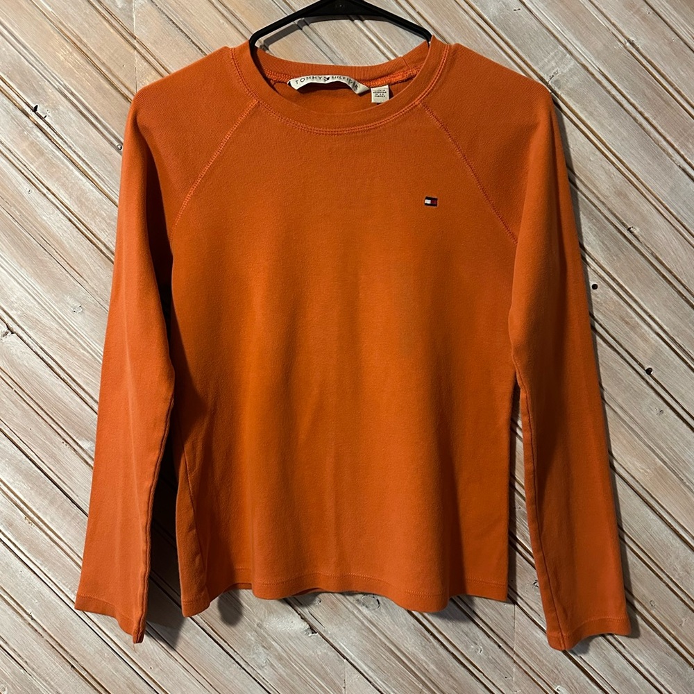 Tommy Hilfiger Burnt Vibrant Orange Fitted Cotton Long Sleeve Top Retro